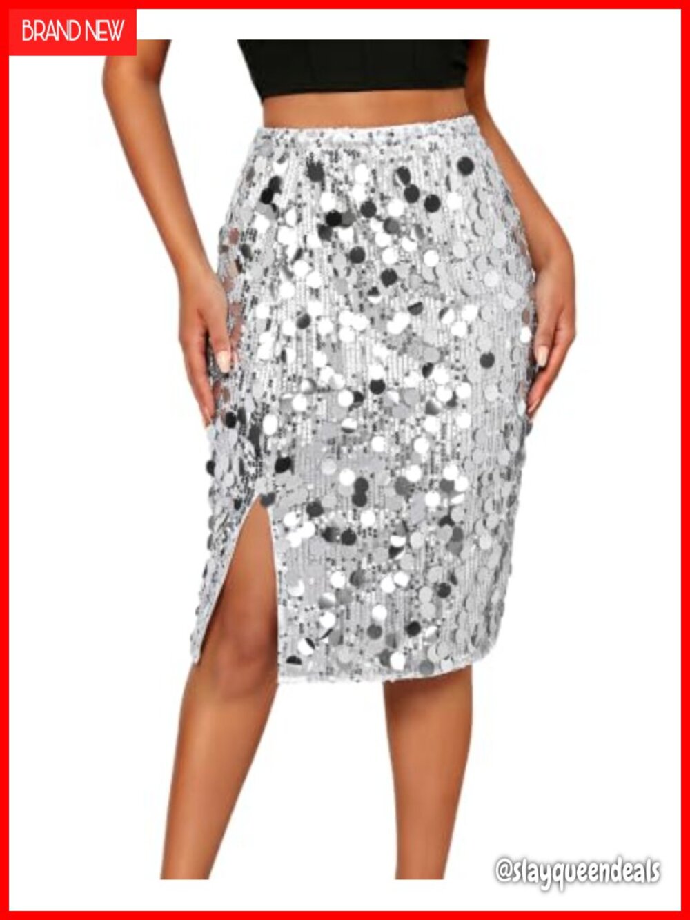 JASGOOD Sequin Skirt Women High Waist Side Slit Knee Length Stretch Party
